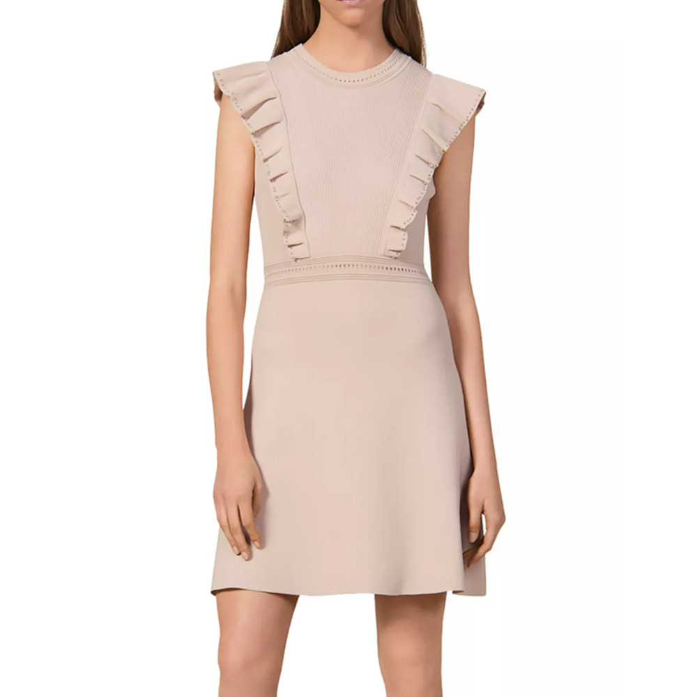 SANDRO Women's‎ Beige Ruffle-Trimmed Tilla Ribbed Knit Mini Dress Sz 36 - Picture 2 of 8